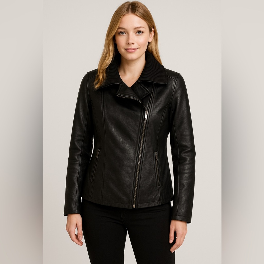 RICKIS Black Faux leather ladies spring jacket size 8 Medium short coat - Picture 6 of 11